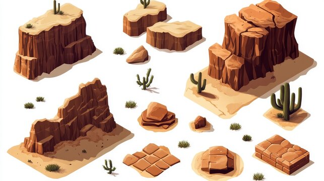 Vector isometric illustrations of desert elements with solid cliffs, adobe bricks, and layered pavement patterns, arranged in minimal clean layout