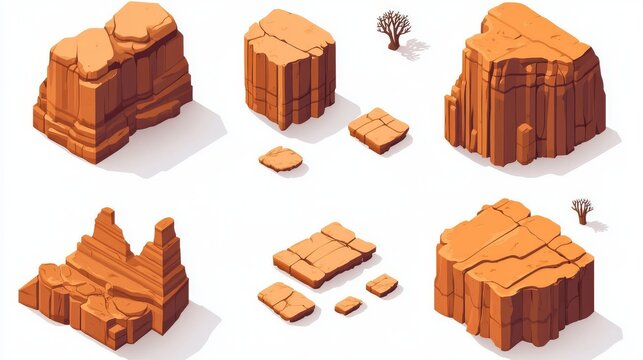Vector isometric illustrations of desert elements with solid cliffs, adobe bricks, and layered pavement patterns, arranged in minimal clean layout