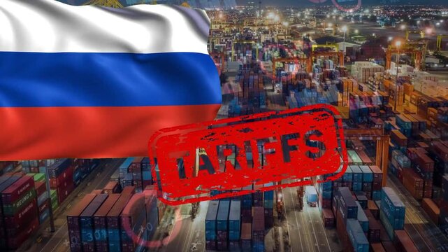 The Russian Flag and Global Shipping Port Under a "TARIFFS" Stamp: A Symbol of Economic Isolation and Trade Barriers. These are punitive tariffs imposed on key industries or product lines.
