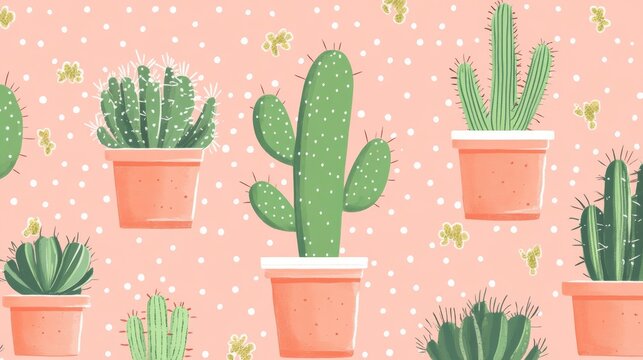 Wallpaper with cactus plants in charming flat design, retro pink background and dotted pattern, cheerful Wild West theme for surface design