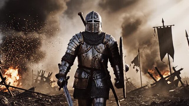 A formidable medieval knight stands resolute amidst the fiery devastation of a brutal battlefield, embodying courage and strength after a fierce combat