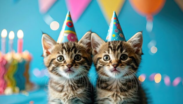 Two cute kittens in party hats surrounded by vibrant decorations, perfect for festive and joyful occasions.