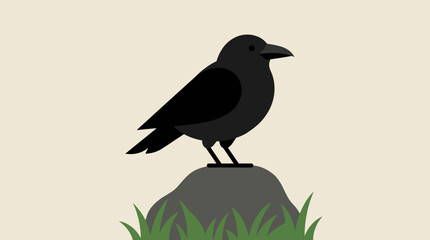 Fototapeta premium A simple cartoon illustration of a black crow perched on a grey rock with green grass.