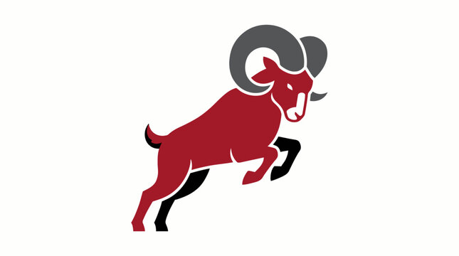 Stylized illustration of a red ram with dark grey horns and hooves in a dynamic leaping pose against a white background.