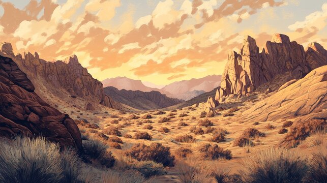Hand drawn painting of a rocky desert landscape with detailed canyons, dry bushes, and weathered rock formations, warm earthy tones and textured shading