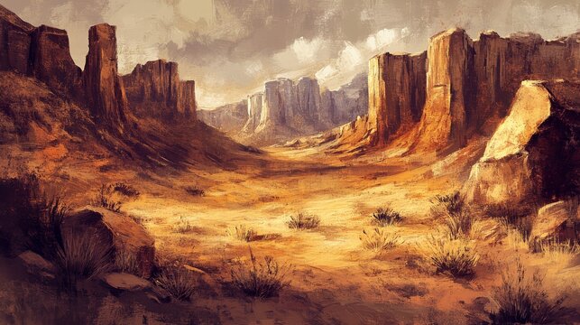 Hand drawn painting of a rocky desert landscape with detailed canyons, dry bushes, and weathered rock formations, warm earthy tones and textured shading