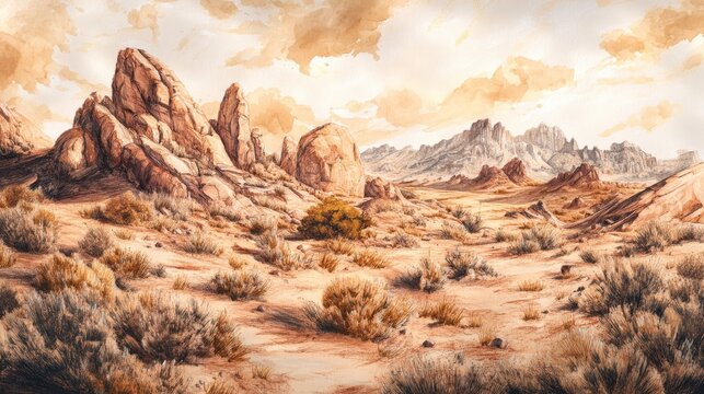Hand drawn painting of a rocky desert landscape with detailed canyons, dry bushes, and weathered rock formations, warm earthy tones and textured shading