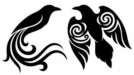 Fototapeta premium Two stylized black bird silhouettes with intricate swirling tribal patterns, one with a long tail and the other a compact raven-like figure.