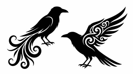 Fototapeta premium Two stylized black raven or crow silhouettes with intricate tribal and decorative patterns on their tails and wings.