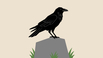 Fototapeta premium A black crow with dark feathers stands perched on a grey rock with green grass at its base, set against a simple light background in a flat illustration style.