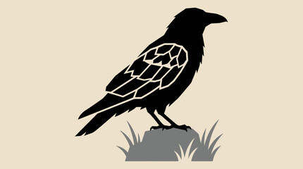Fototapeta premium A stylized black silhouette of a crow or raven standing on a small rock with grass, set against a light background.