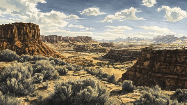 Artistic rendering of a vast rocky desert with layered canyon ridges, shrubs, and dry ground, stylized in detailed pen and ink with color washes