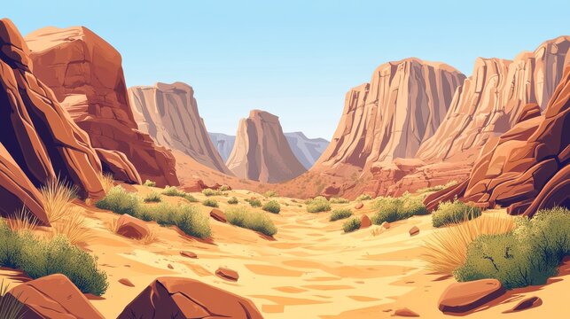 Traditional sketch-style illustration of arid desert with boulders, narrow canyons, sparse bushes, and layered rock strata in warm natural hues