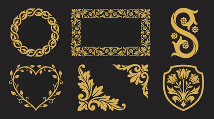 A collection of six elegant golden ornamental designs, including frames, flourishes, and a shield emblem, featuring intricate floral and leaf patterns on a dark background. © Abhinaya Project