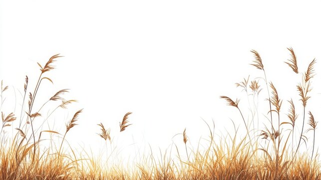 Vector illustration of autumn grass border with tall dry brown grass blades, gently curved tips and fine linear details, isolated on white background