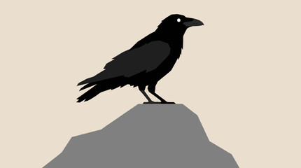 Fototapeta premium A stylized illustration of a black crow perched on a grey rock against a plain light background.