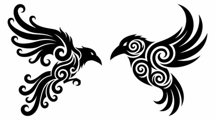 Fototapeta premium Two stylized black birds with intricate swirling patterns, resembling tribal art, on a white background.