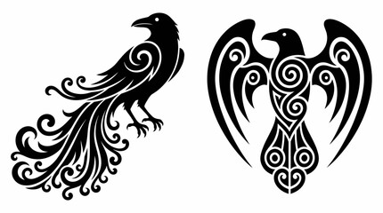 Fototapeta premium Two stylized black raven and eagle designs with intricate Celtic knotwork and tribal patterns, isolated on white.
