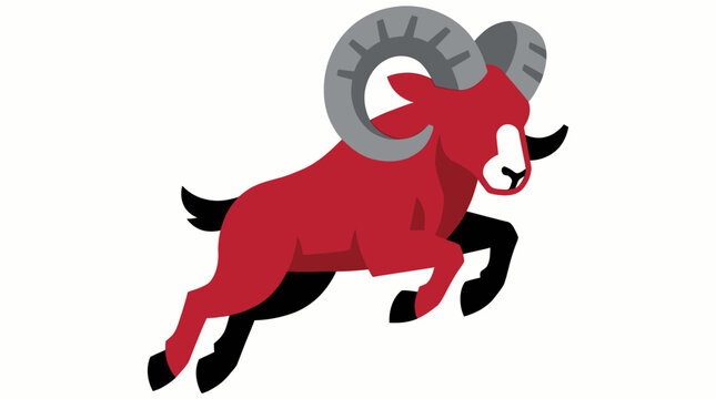 A vibrant red ram with large grey horns and black legs, depicted in a dynamic leaping pose with a flat design style against a white background.