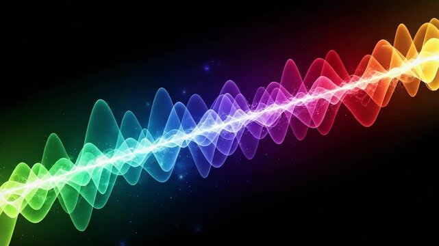 Vibrant rainbow frequency wave glowing against dark background with shimmering light effects and particles