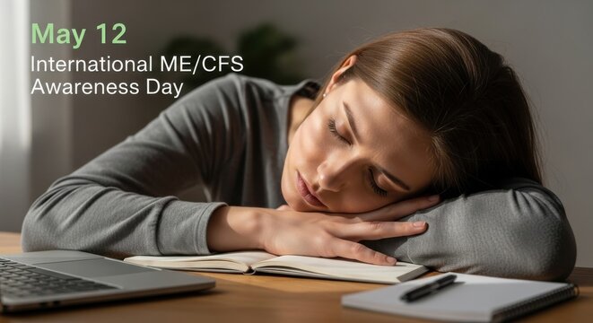 Woman resting on desk with book on International ME/CFS Awareness Day