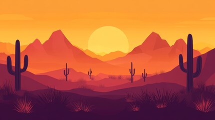 Fototapeta premium Vector desert scene with layered mountain silhouettes and iconic saguaro cacti in foreground, warm sunset color palette and clean flat style