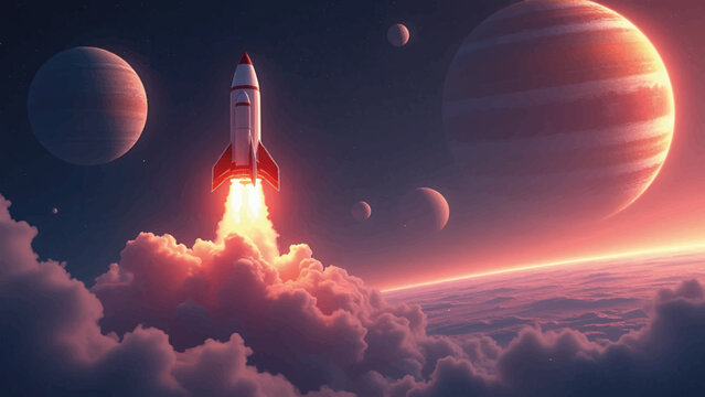 Vector illustration of rocket launching into space with planets