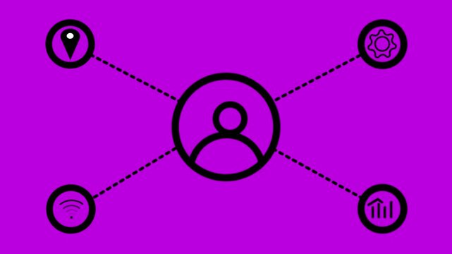 Animated simple network diagram with 5 user icons connected by lines representing social media or organizational structure on a rad background.