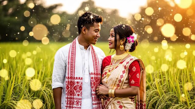 Young assamese couple celebrating rongali bihu in traditional attire amidst a warm, golden paddy field with festive bokeh.