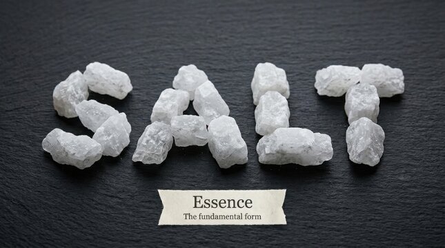 The word SALT artfully spelled with rough crystals on a dark slate surface, representing its fundamental essence.