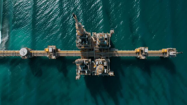 Aerial view of South Pars gas pipeline network extending from offshore platform to processing plant, realistic energy infrastructure photography, high-detail industrial landscape, Aerial view 