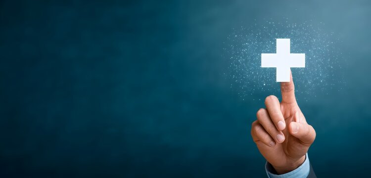 A human hand in professional attire touches an illuminated white plus sign symbol on a dark blue conceptual background with glowing particles representing adding value support and positive g