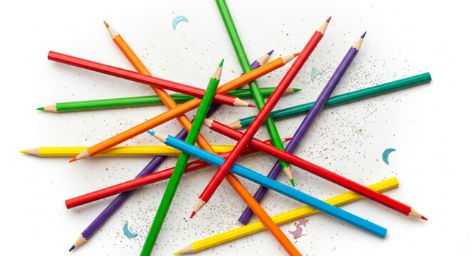 Colorful pencils scattered on white surface with shavings