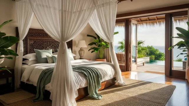 Elegant bedroom with canopy bed and ocean view