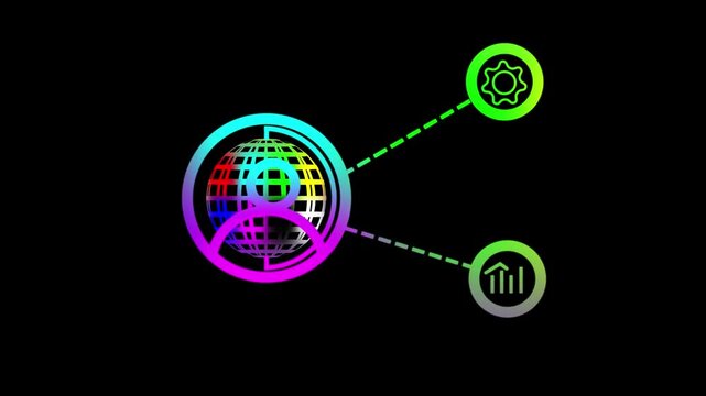 Animated simple network diagram with three user icons connected by lines representing social media or organizational structure on a black background.