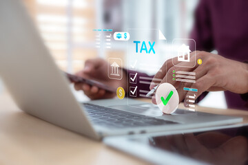 Online Tax Return Filing and Management System, Businessman Using Digital Checklist Form on Laptop Screen.
