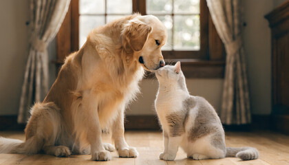 Naklejka na ściany i meble Golden retriever and cat sitting together by sunny window in cozy home interior