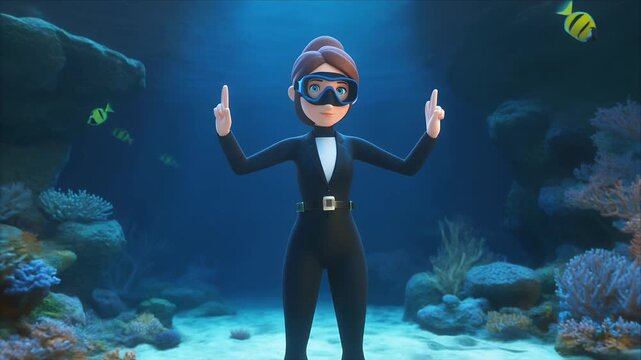 3D animated scuba diver underwater signaling safety gestures.