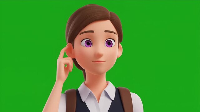 3d animated student character thinking with backpack on green screen.