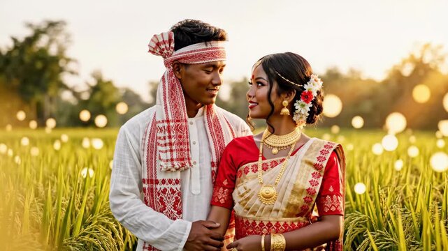 A happy assamese couple celebrates rongali bihu, dressed in traditional attire, looking lovingly in a golden field with soft bokeh.