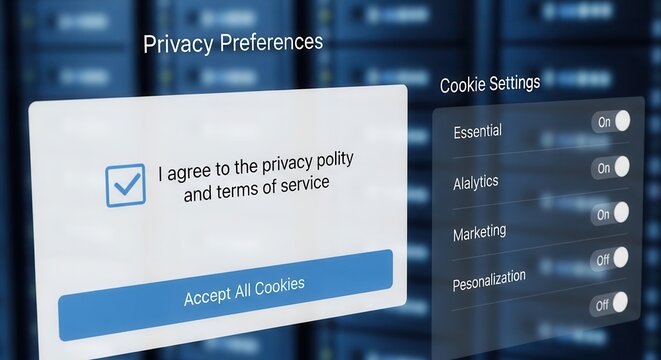 Privacy consent and GDPR compliance concept with user agreement checkbox and cookie settings interface. Personal data protection, transparency, and secure control of privacy preferences in systems.