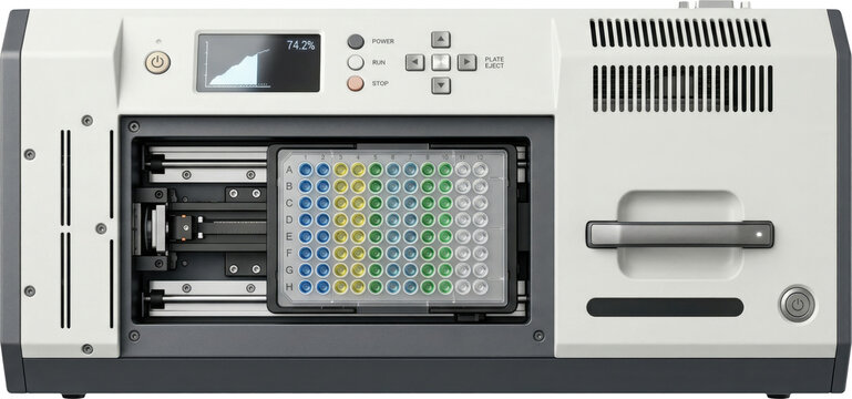 Laboratory microplate reader with 96-well plate isolated on transparent background