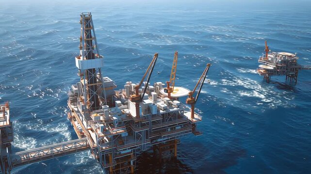 Aerial drone view of South Pars gas field offshore platforms surrounded by deep blue ocean, complex industrial infrastructure and marine energy installations, photorealistic energy sector 