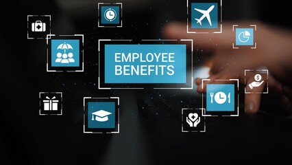 Fototapeta premium Abstract representation of employee benefits showcasing icons and symbols emphasizing travel, education, wellness, and work-life balance for modern workplaces. Gluon.