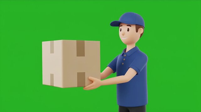3D courier holding cardboard box on chroma green background.