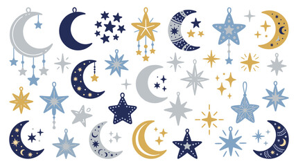Fototapeta premium Whimsical Celestial Collection Featuring Moon and Star Illustrations in Shades of Blue Yellow and Gray Perfect for Baby Nursery Decor and Dreamy Designs
