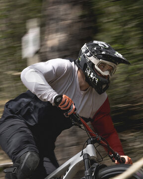 Close up of a focused mountain biker