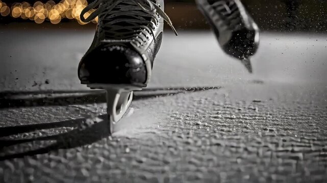 Dynamic low-angle close-up of black ice skates gliding across a frozen rink. Sharp blades cutting through the ice and kicking up a spray of particles. Winter sports and athletic motion