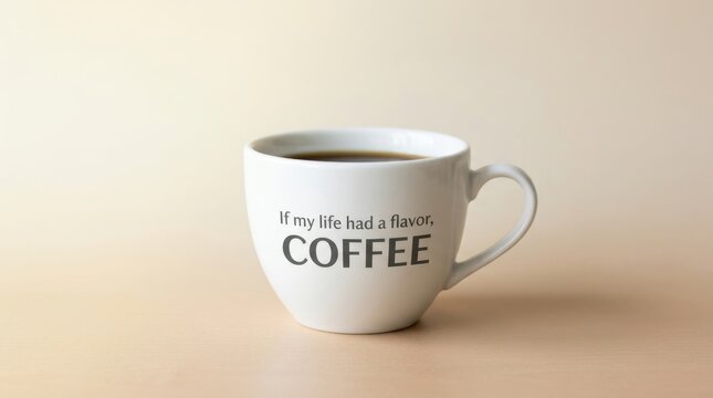 A white coffee mug with the quote "If my life had a flavor, COFFEE" sits on a light-colored surface.