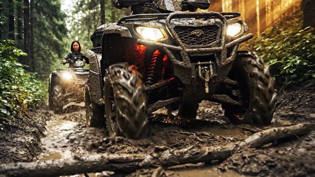 Two offroad quad bikes driving through deep mud in forest